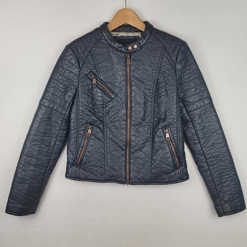 Marc New York Andrew Marc Womens Faux Leather Moto Jacket Navy Blue Quilted S